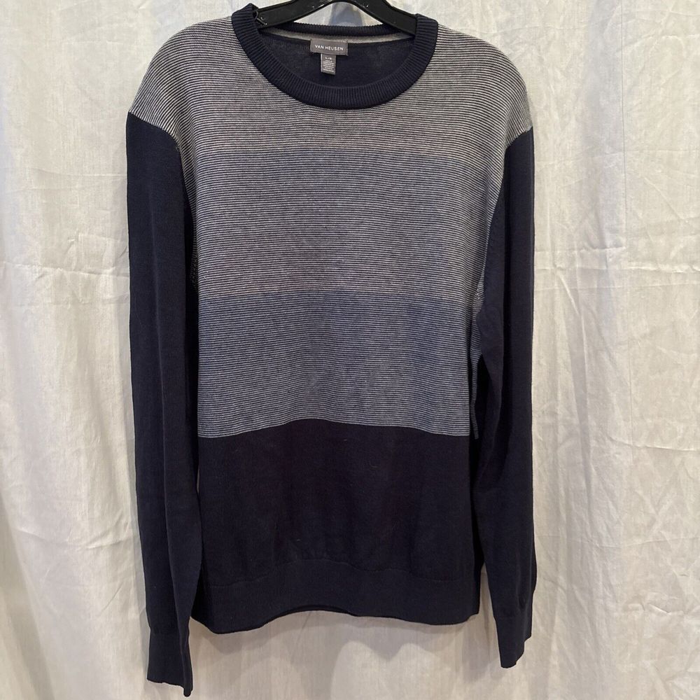 New Mens Van Heusen Sweater Navy Blue Gray Stripe Crew Neck Size Large